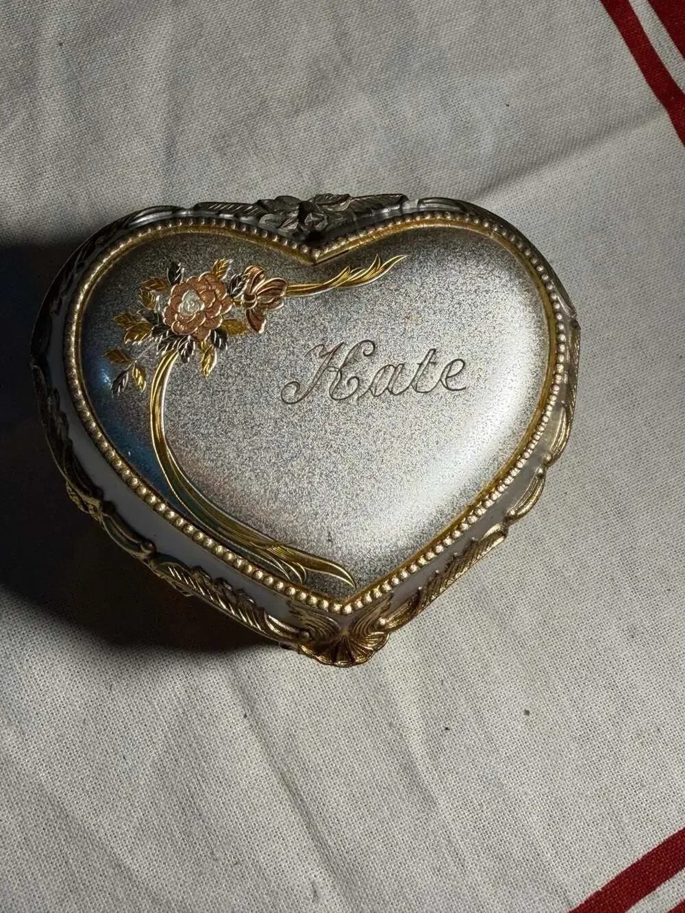 Vintage Heart-Shaped Sankyo Gold Tone Trinket Music Box Personalized Kate